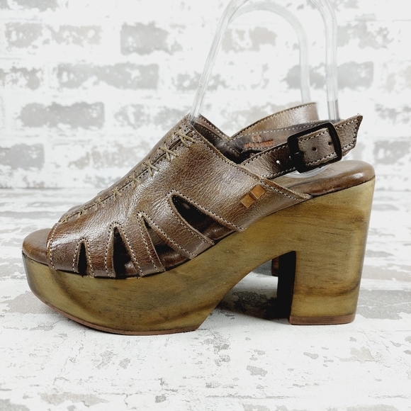Bed Stu Shoes - NEW Bed Stu Fontella Brown Leather Slip On Sling Back Wood Heel Sandals C254